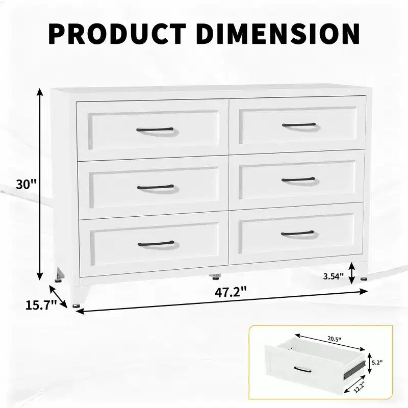 JVNOXK White 6 Drawer Metal Dresser, Eco-Friendly Storage Chest with Smooth Glide Drawers for Bedroom Closet Hallway Entryway
