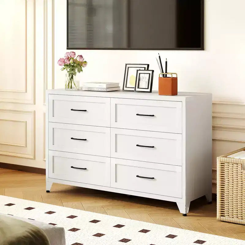 JVNOXK White 6 Drawer Metal Dresser, Eco-Friendly Storage Chest with Smooth Glide Drawers for Bedroom Closet Hallway Entryway