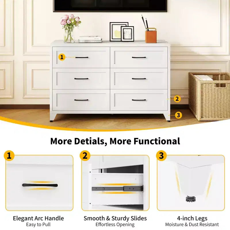 JVNOXK White 6 Drawer Metal Dresser, Eco-Friendly Storage Chest with Smooth Glide Drawers for Bedroom Closet Hallway Entryway