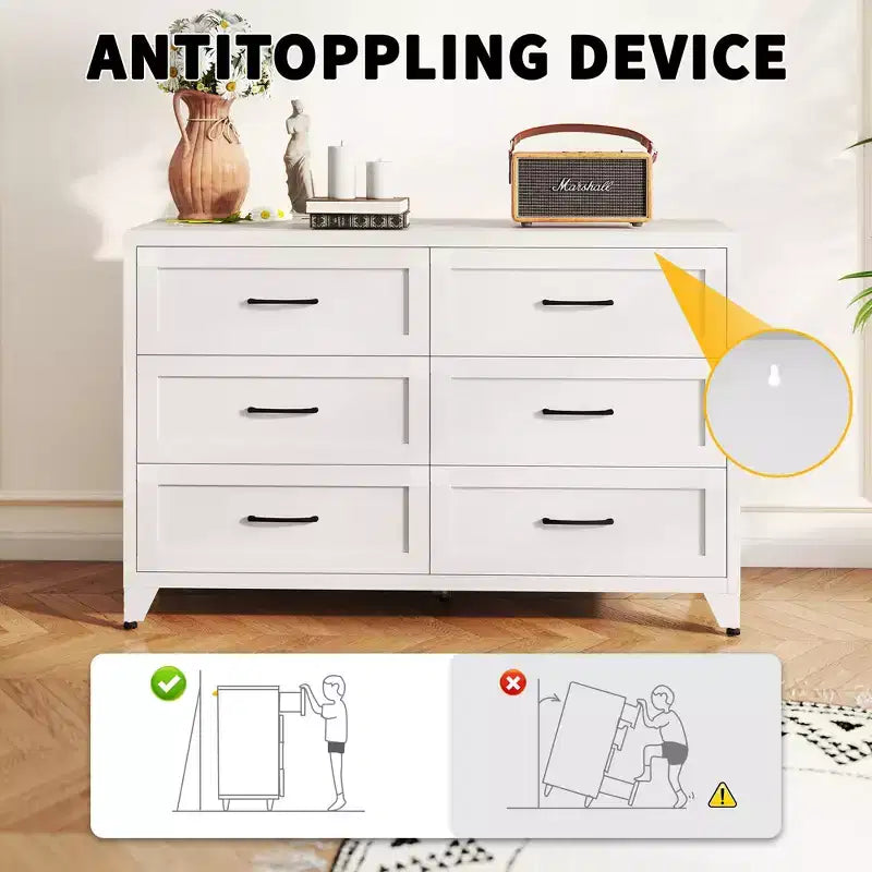 JVNOXK White 6 Drawer Metal Dresser, Eco-Friendly Storage Chest with Smooth Glide Drawers for Bedroom Closet Hallway Entryway