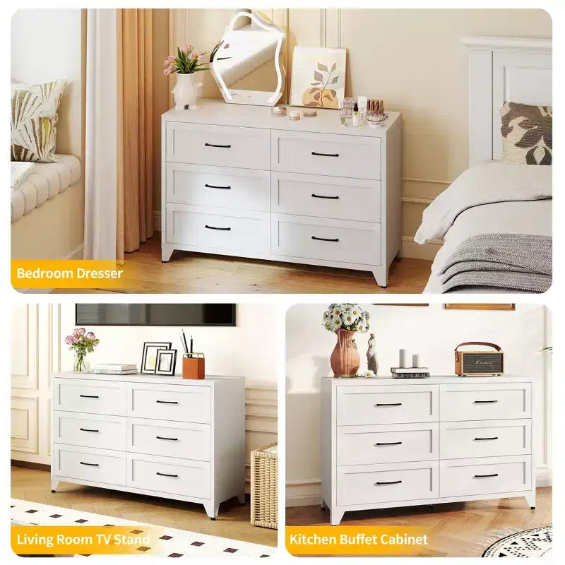 JVNOXK White 6 Drawer Metal Dresser, Eco-Friendly Storage Chest with Smooth Glide Drawers for Bedroom Closet Hallway Entryway
