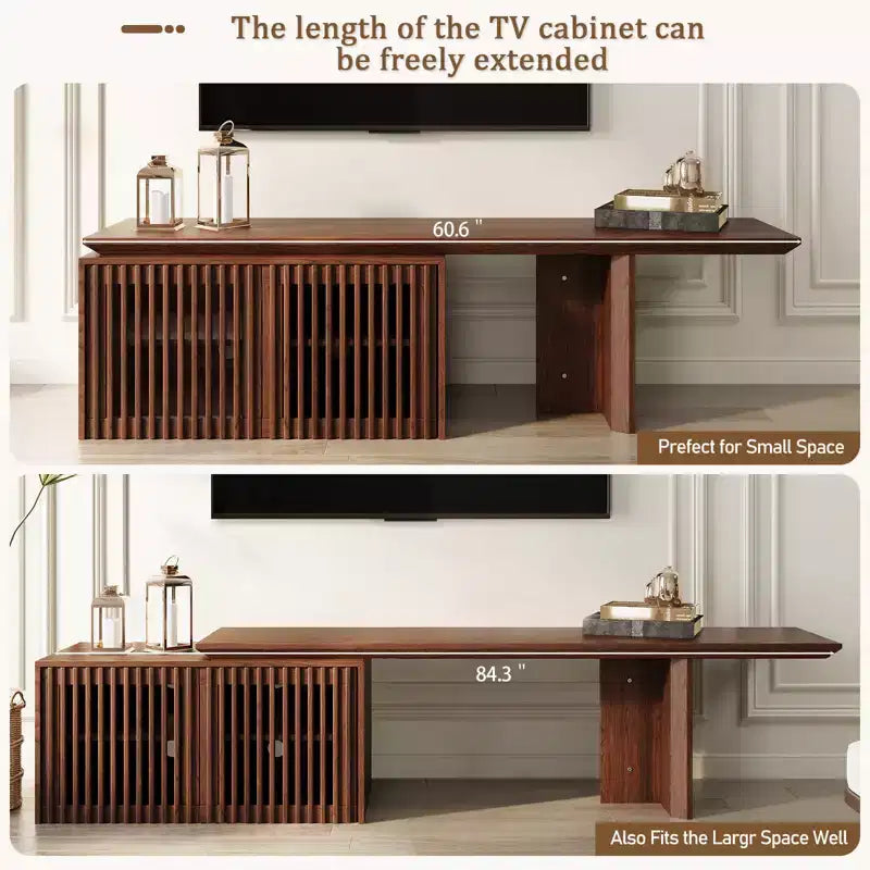 JVNOXK 60.6-84.3''Extendable TV Media Console for Up to 55 Inch, Modern TV Stand, Entertainment Center with Storage, for Living Room,Bedroom