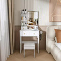 JVNOXK Modern White Small Vanity Desk with 3-Mode LED Lights, 3 Drawers, Power Outlet, Hair Dryer Holder & Dressing Chair