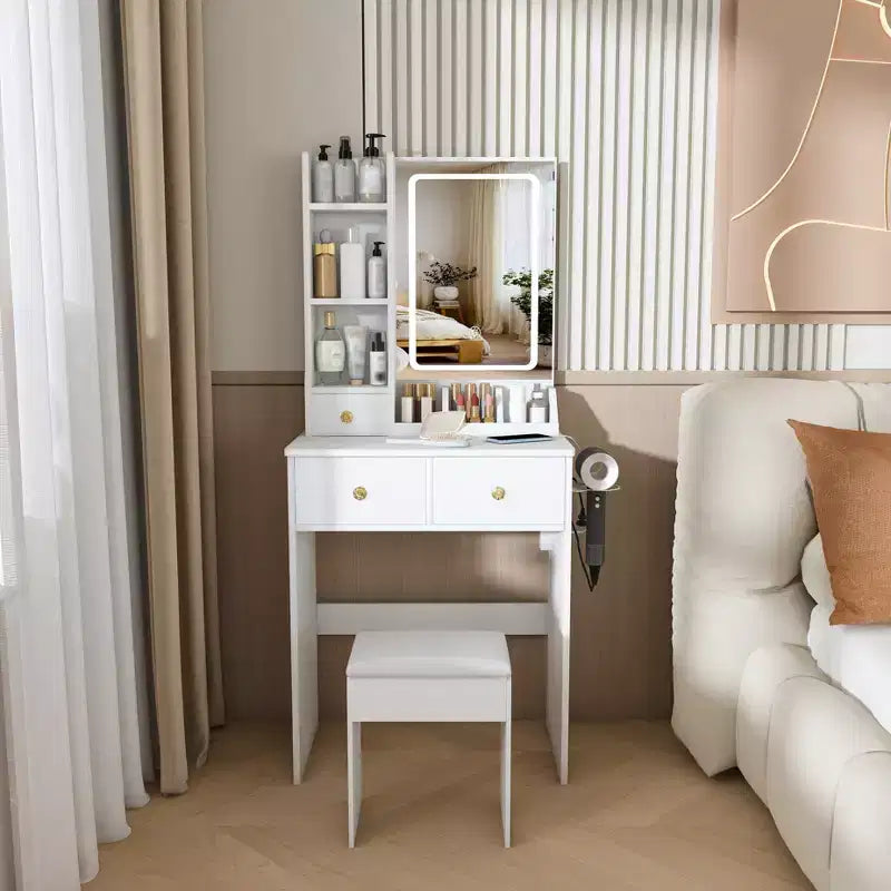 JVNOXK Modern White Small Vanity Desk with 3-Mode LED Lights, 3 Drawers, Power Outlet, Hair Dryer Holder & Dressing Chair