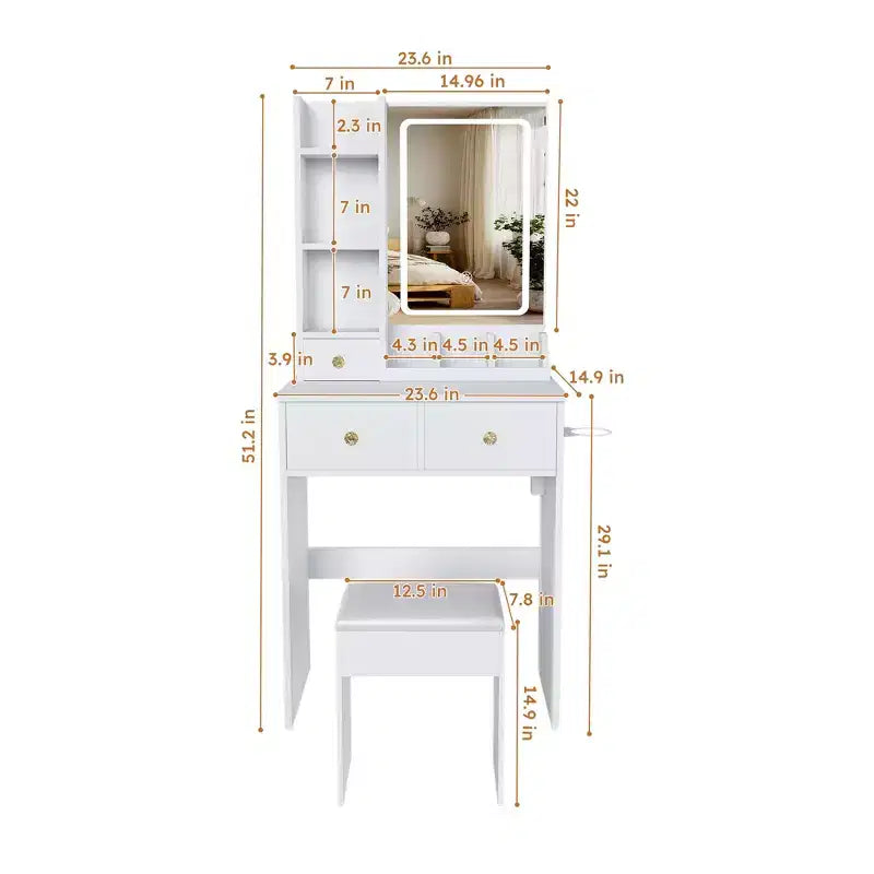 JVNOXK Modern White Small Vanity Desk with 3-Mode LED Lights, 3 Drawers, Power Outlet, Hair Dryer Holder & Dressing Chair