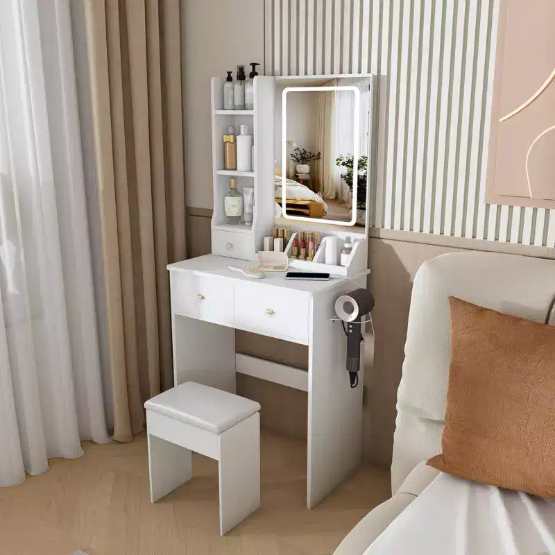 JVNOXK Modern White Small Vanity Desk with 3-Mode LED Lights, 3 Drawers, Power Outlet, Hair Dryer Holder & Dressing Chair