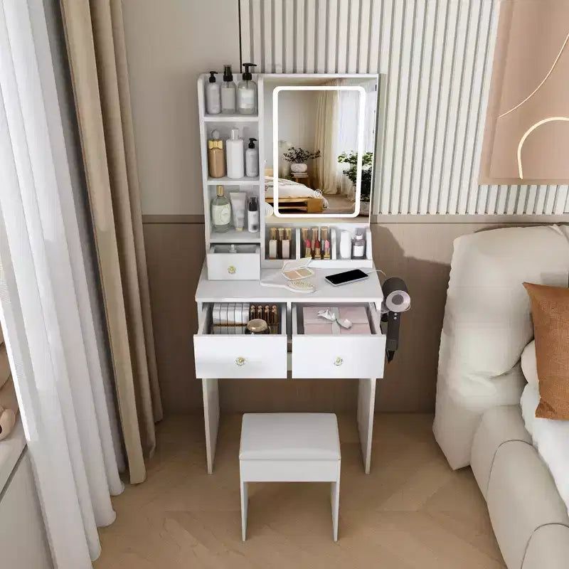 JVNOXK Modern White Small Vanity Desk with 3-Mode LED Lights, 3 Drawers, Power Outlet, Hair Dryer Holder & Dressing Chair