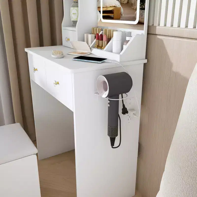 JVNOXK Modern White Small Vanity Desk with 3-Mode LED Lights, 3 Drawers, Power Outlet, Hair Dryer Holder & Dressing Chair