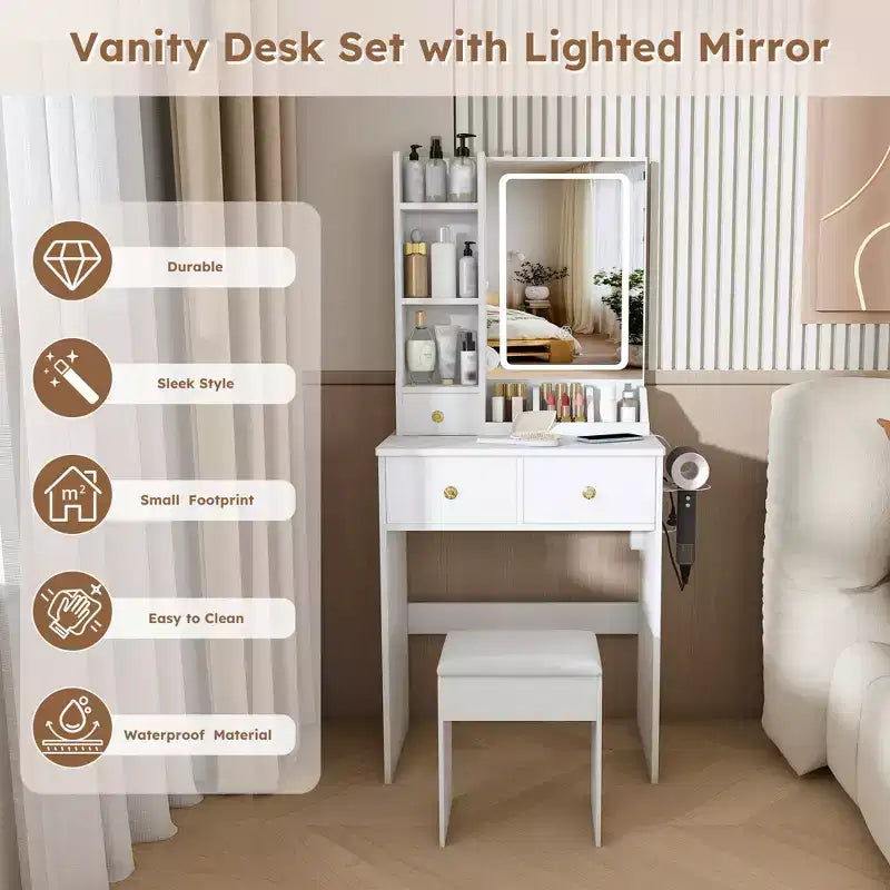JVNOXK Modern White Small Vanity Desk with 3-Mode LED Lights, 3 Drawers, Power Outlet, Hair Dryer Holder & Dressing Chair