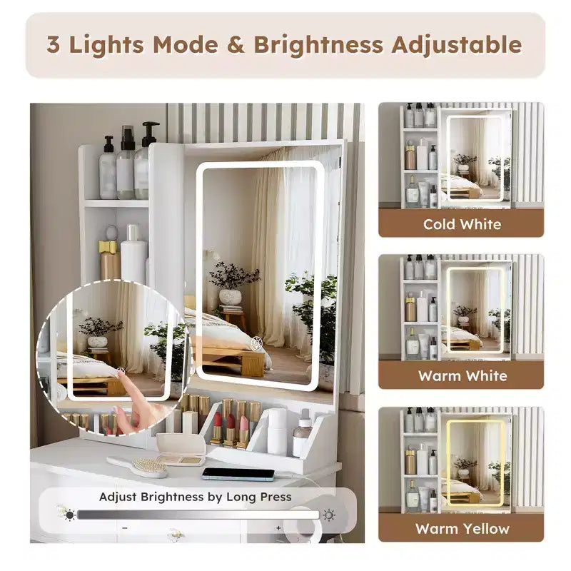 JVNOXK Modern White Small Vanity Desk with 3-Mode LED Lights, 3 Drawers, Power Outlet, Hair Dryer Holder & Dressing Chair
