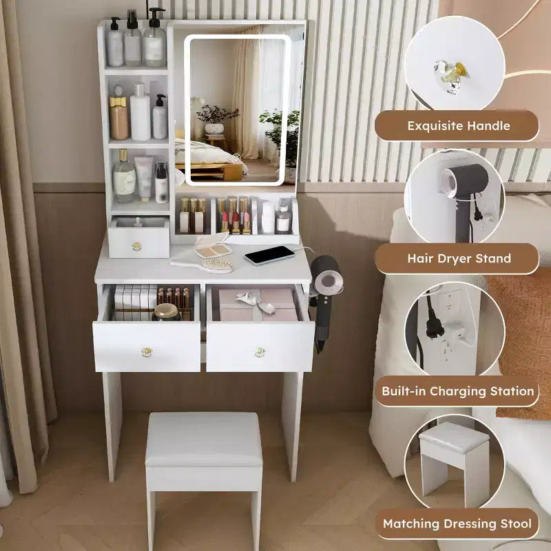 JVNOXK Modern White Small Vanity Desk with 3-Mode LED Lights, 3 Drawers, Power Outlet, Hair Dryer Holder & Dressing Chair