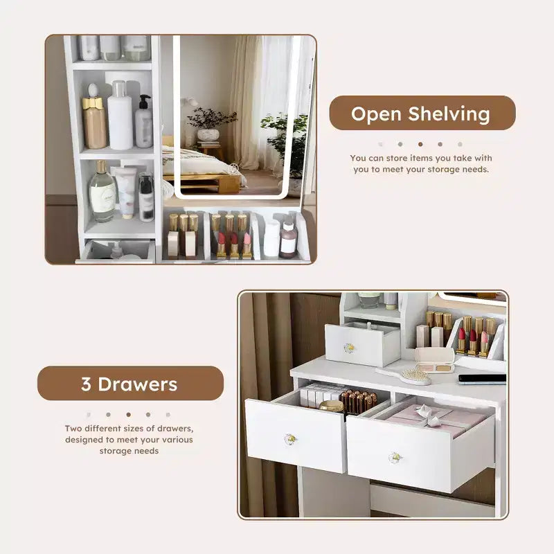 JVNOXK Modern White Small Vanity Desk with 3-Mode LED Lights, 3 Drawers, Power Outlet, Hair Dryer Holder & Dressing Chair