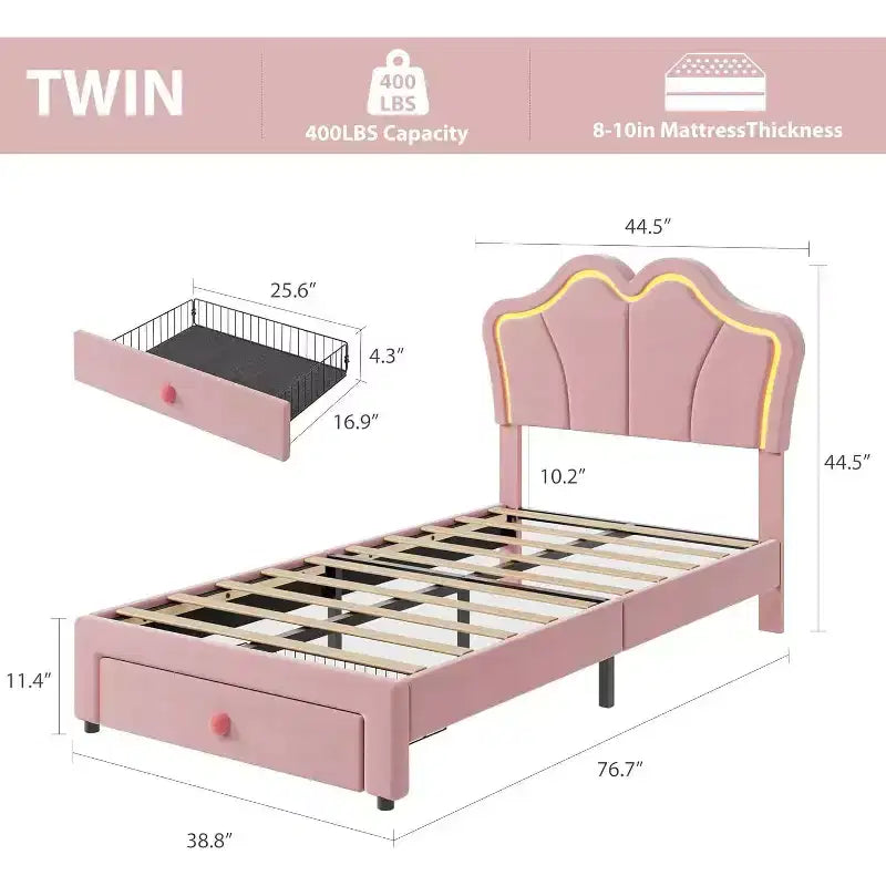 Double bed frame with storage. upholstered frame with headboard. velvet. suitable for children and girls. wood slat support. pink