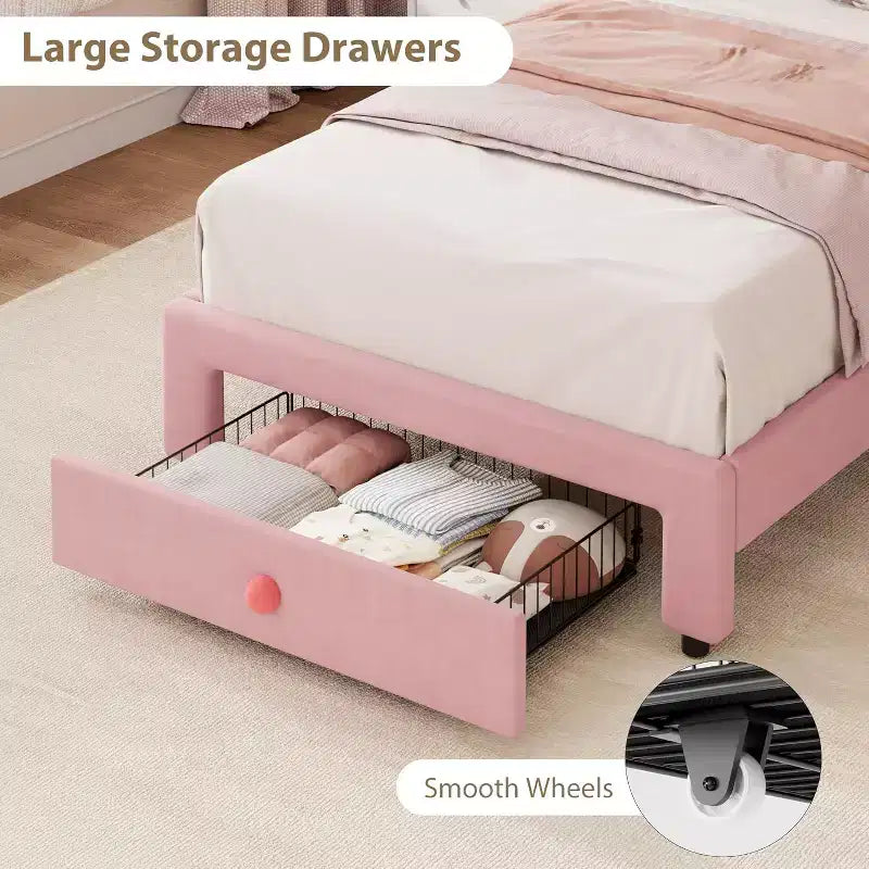 Double bed frame with storage. upholstered frame with headboard. velvet. suitable for children and girls. wood slat support. pink