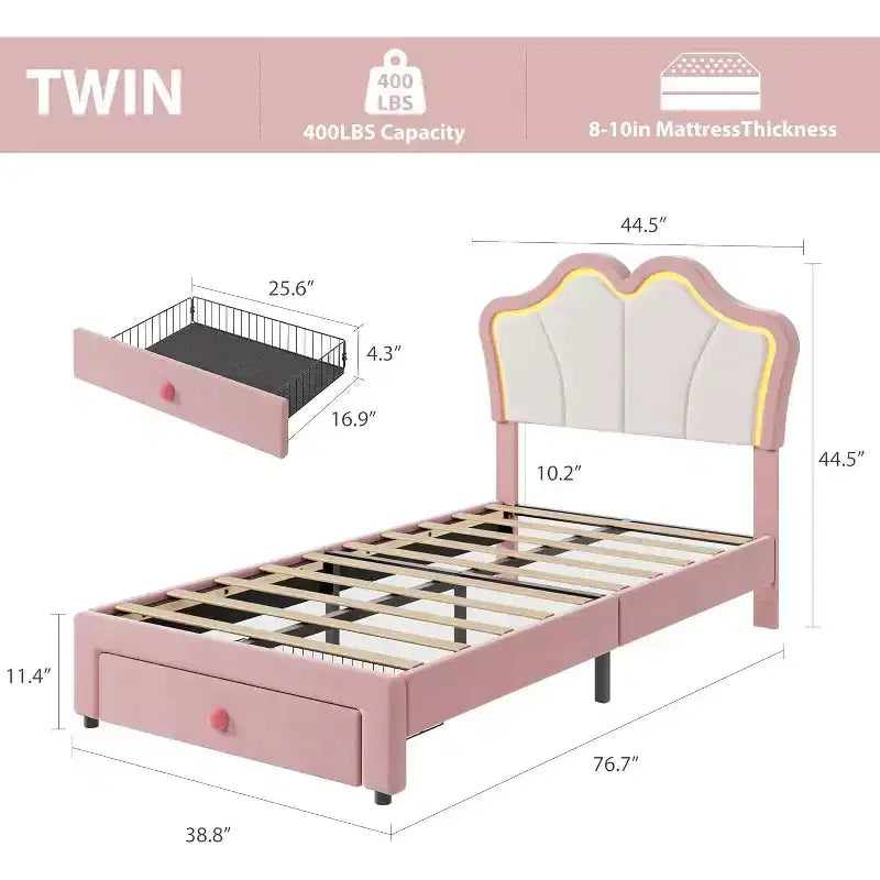 Cadre de lit double avec rangement. Cadre rembourré avec tête de lit. Velours. Convient aux enfants et aux filles. Sommier à lattes en bois. Rose.