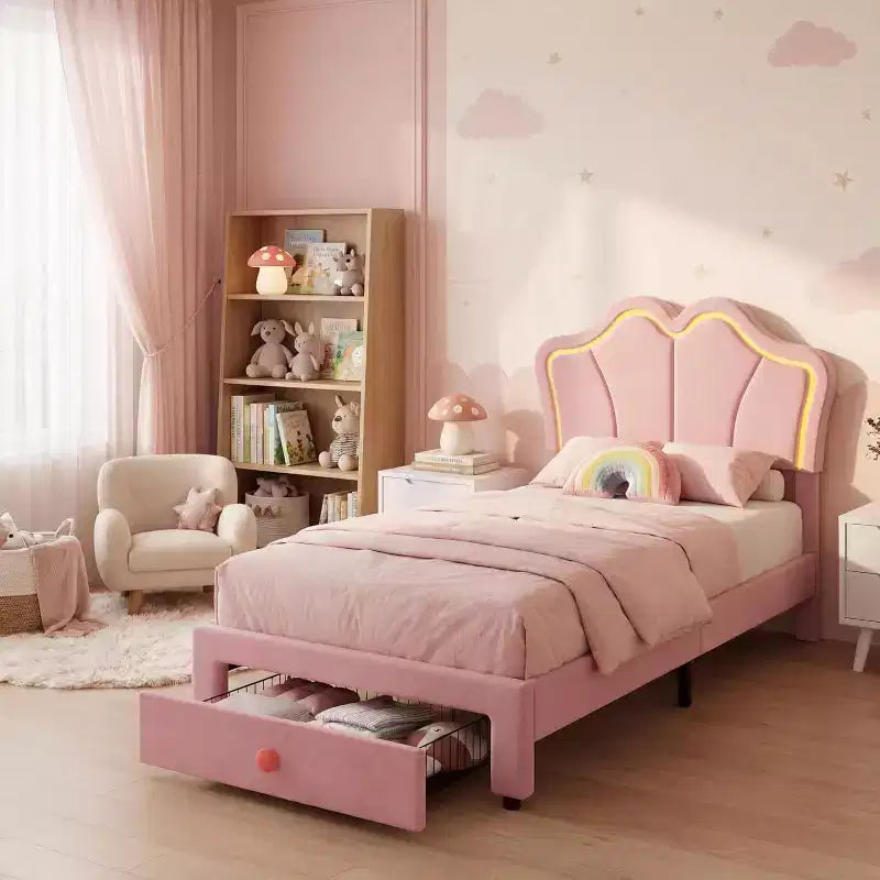 Double bed frame with storage. upholstered frame with headboard. velvet. suitable for children and girls. wood slat support. pink