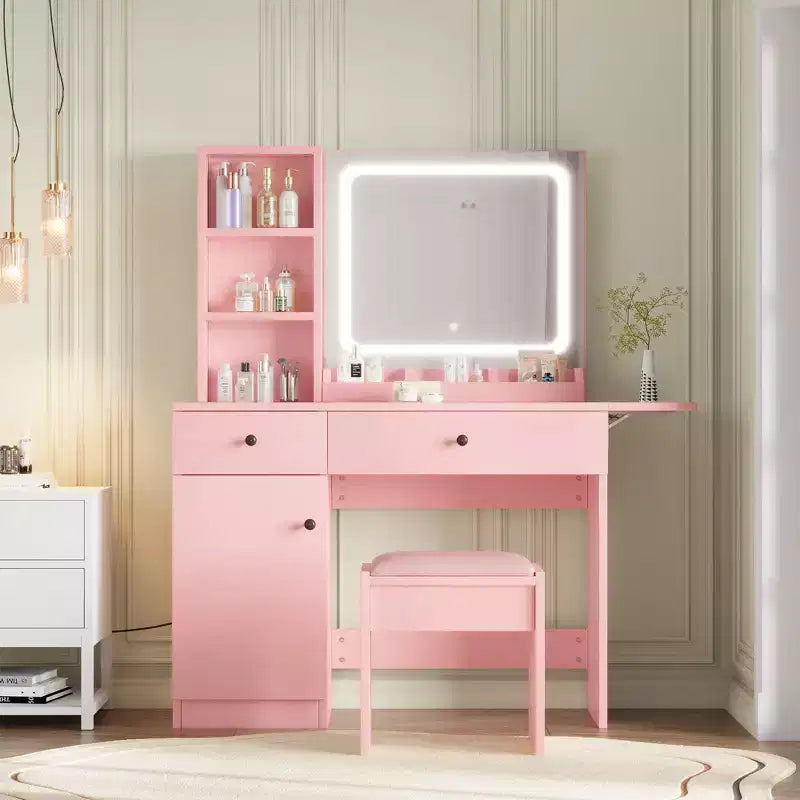 Makeup Vanity Desk Set  Mirror, Drawer, Storage Chair, 3 Shelves  Cute Small Dressing Table for Bedroom, Dorm, Teen or Gift