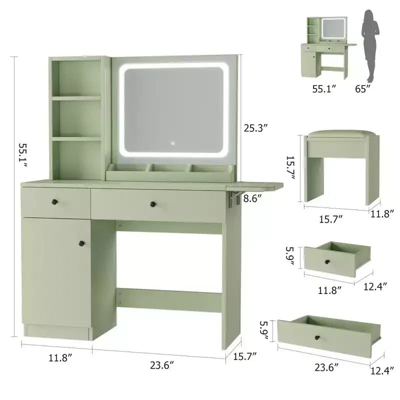 Makeup Vanity Desk Set  Mirror, Drawer, Storage Chair, 3 Shelves  Cute Small Dressing Table for Bedroom, Dorm, Teen or Gift