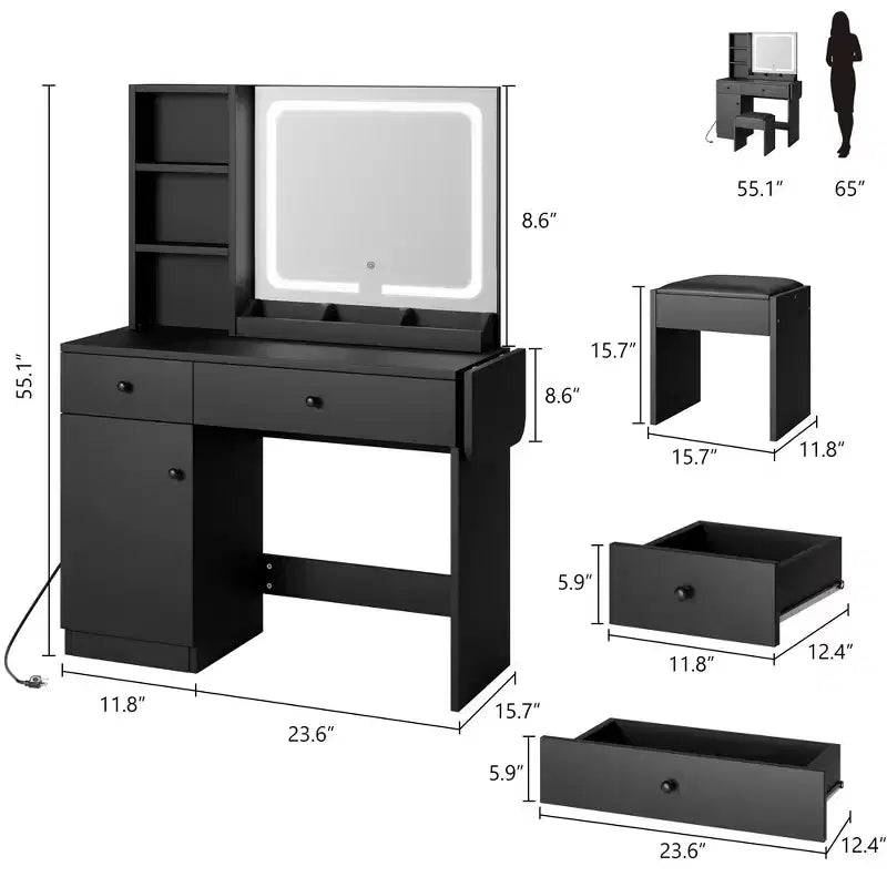 Makeup Vanity Desk Set  Mirror, Drawer, Storage Chair, 3 Shelves  Cute Small Dressing Table for Bedroom, Dorm, Teen or Gift