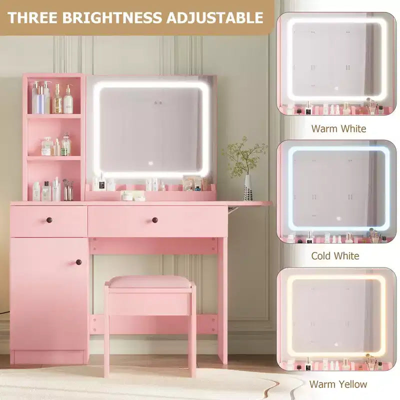 Makeup Vanity Desk Set  Mirror, Drawer, Storage Chair, 3 Shelves  Cute Small Dressing Table for Bedroom, Dorm, Teen or Gift