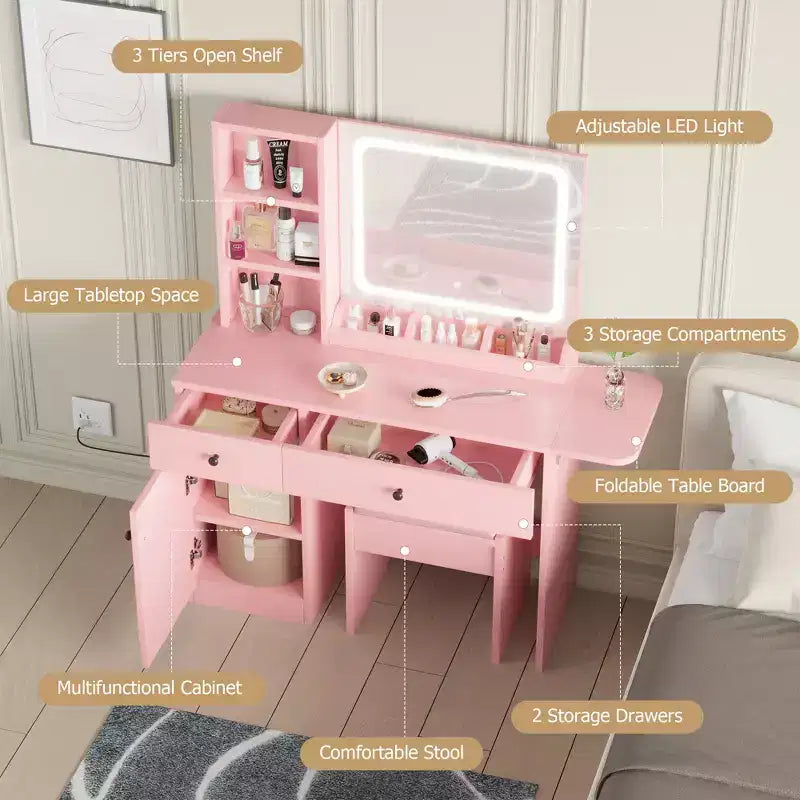 Makeup Vanity Desk Set  Mirror, Drawer, Storage Chair, 3 Shelves  Cute Small Dressing Table for Bedroom, Dorm, Teen or Gift