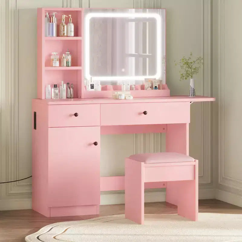 Makeup Vanity Desk Set  Mirror, Drawer, Storage Chair, 3 Shelves  Cute Small Dressing Table for Bedroom, Dorm, Teen or Gift