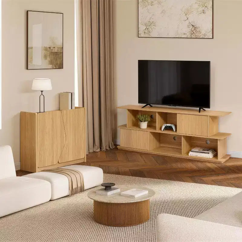 LuxenHome Modern Storage and Sideboard Cabinet, 2 Doors with Soft-Close Hinges, Raised Sides