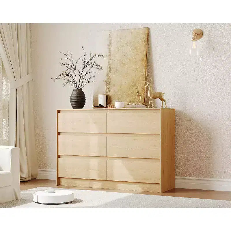 Farmhouse 6 Drawer Dresser for Bedroom,47 Inch Wide Chest of Drawers with Handle-Less Design, Wooden Storage Cabinet for Bedroom
