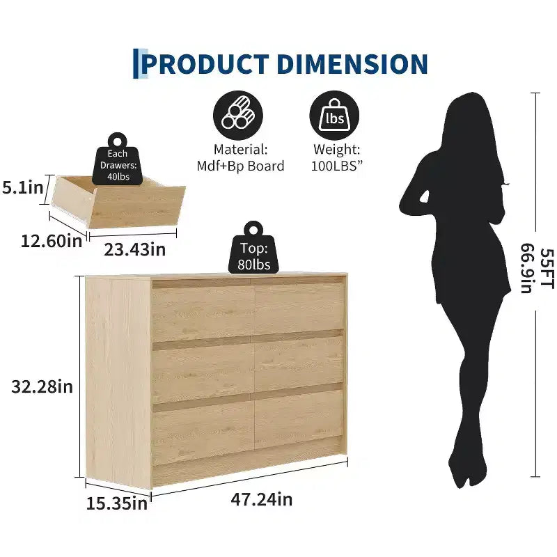 Farmhouse 6 Drawer Dresser for Bedroom,47 Inch Wide Chest of Drawers with Handle-Less Design, Wooden Storage Cabinet for Bedroom