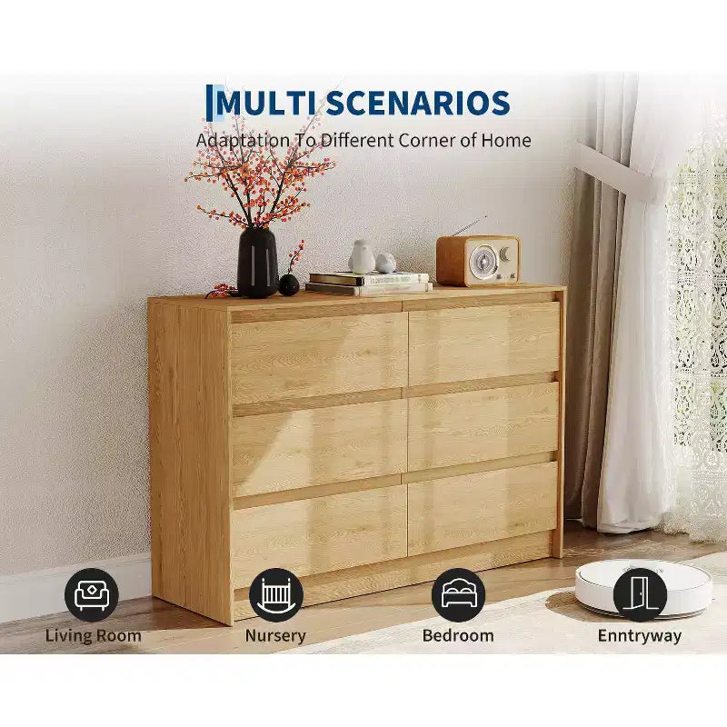 Farmhouse 6 Drawer Dresser for Bedroom,47 Inch Wide Chest of Drawers with Handle-Less Design, Wooden Storage Cabinet for Bedroom