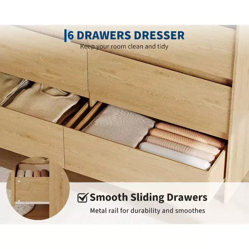 Farmhouse 6 Drawer Dresser for Bedroom,47 Inch Wide Chest of Drawers with Handle-Less Design, Wooden Storage Cabinet for Bedroom