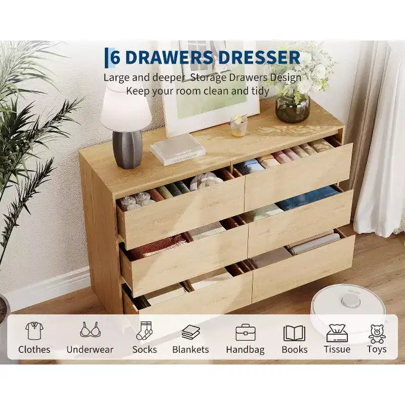 Farmhouse 6 Drawer Dresser for Bedroom,47 Inch Wide Chest of Drawers with Handle-Less Design, Wooden Storage Cabinet for Bedroom