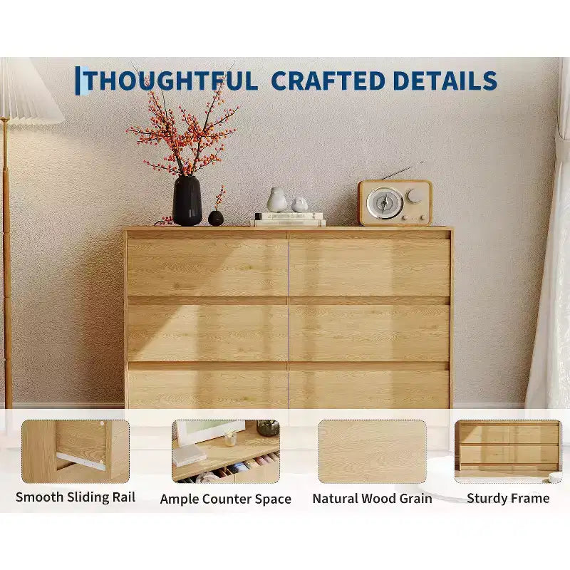 Farmhouse 6 Drawer Dresser for Bedroom,47 Inch Wide Chest of Drawers with Handle-Less Design, Wooden Storage Cabinet for Bedroom