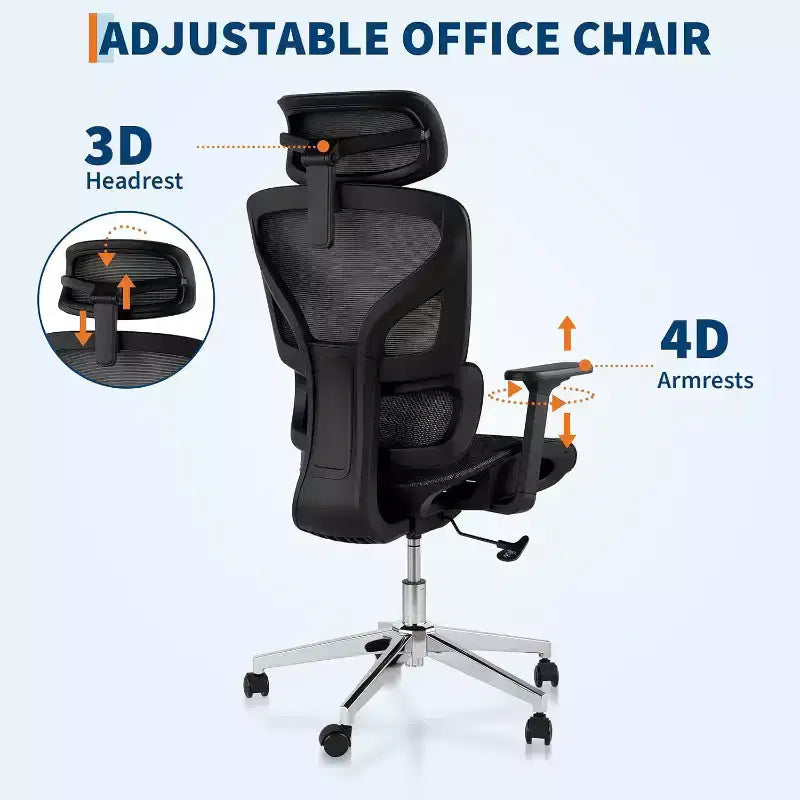 High Back Mesh Office Chair, Adjustable Armrest, Lumbar Support & Headrest, Rolling Computer Desk Chair for Home Office