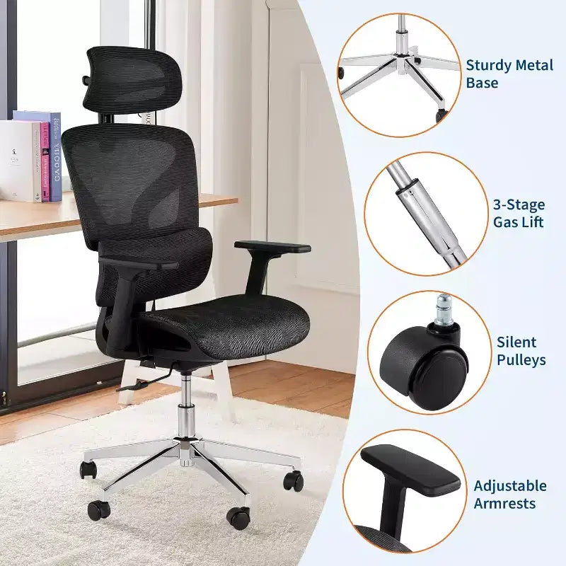 High Back Mesh Office Chair, Adjustable Armrest, Lumbar Support & Headrest, Rolling Computer Desk Chair for Home Office