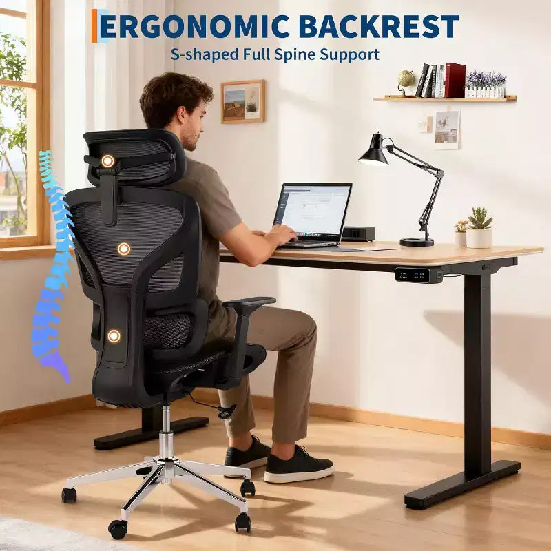 High Back Mesh Office Chair, Adjustable Armrest, Lumbar Support & Headrest, Rolling Computer Desk Chair for Home Office