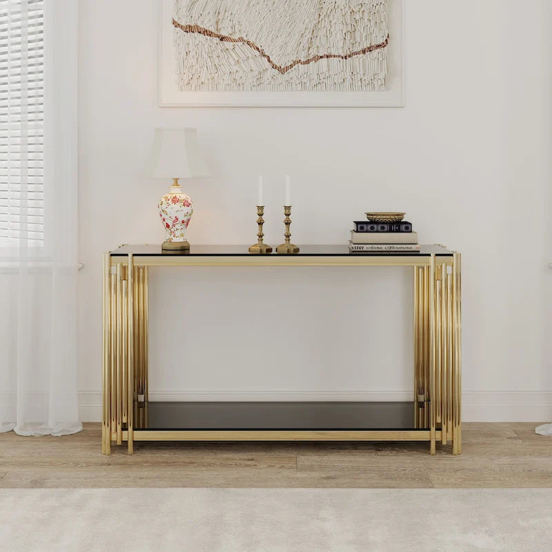 Console étroite à 2 niveaux avec structure en métal doré et plateau en verre trempé