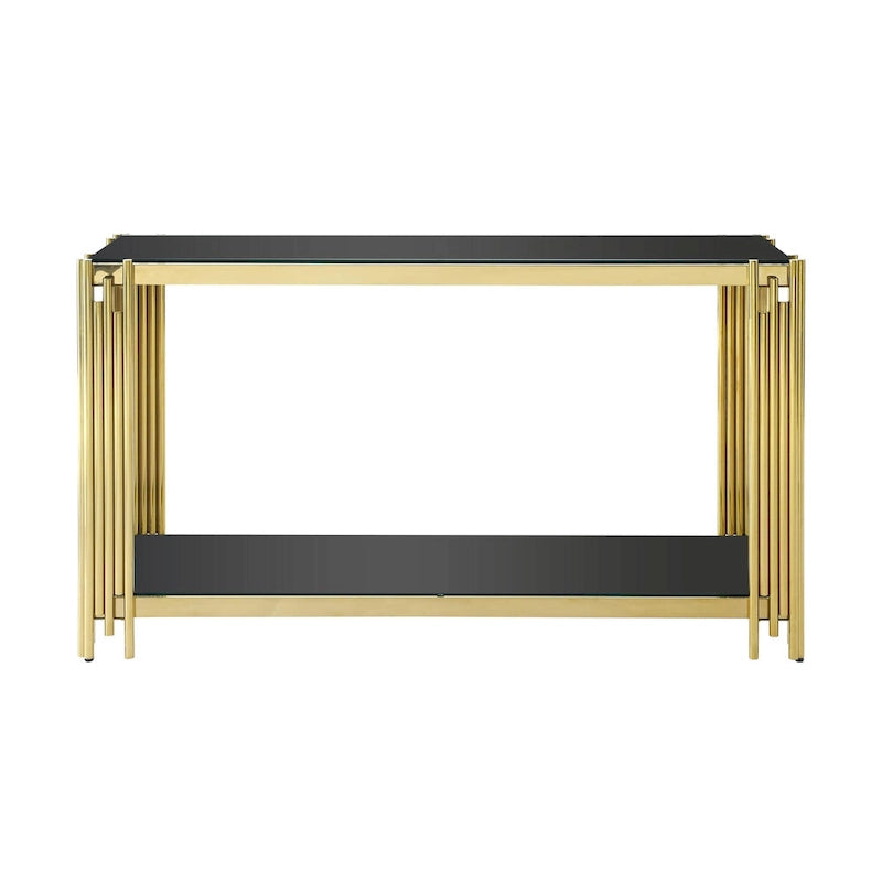 Console étroite à 2 niveaux avec structure en métal doré et plateau en verre trempé