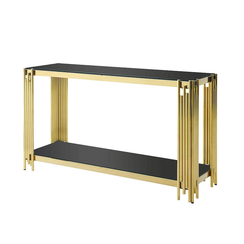 Console étroite à 2 niveaux avec structure en métal doré et plateau en verre trempé