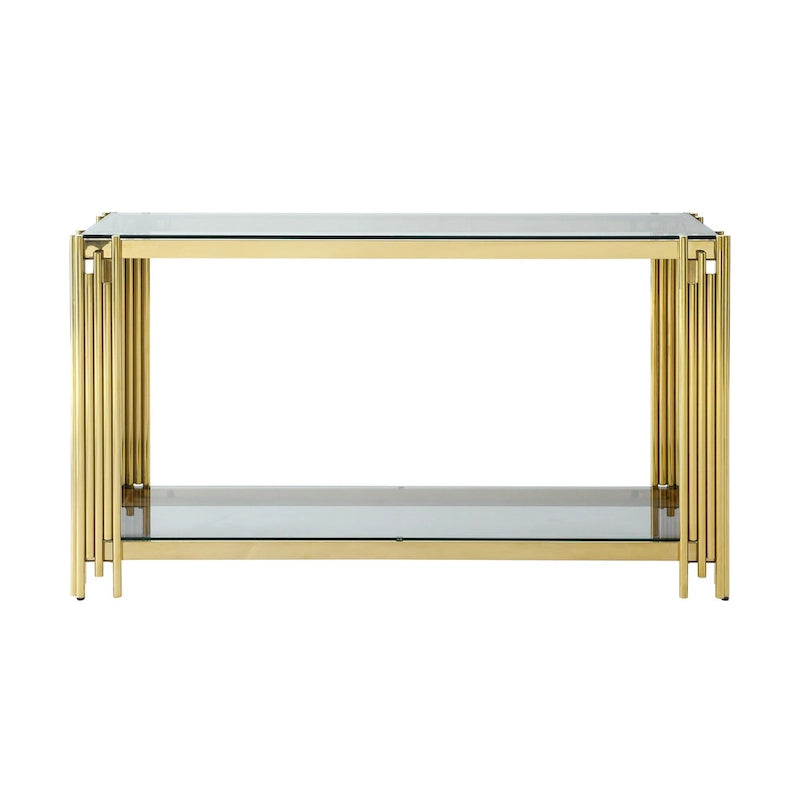 Console étroite à 2 niveaux avec structure en métal doré et plateau en verre trempé