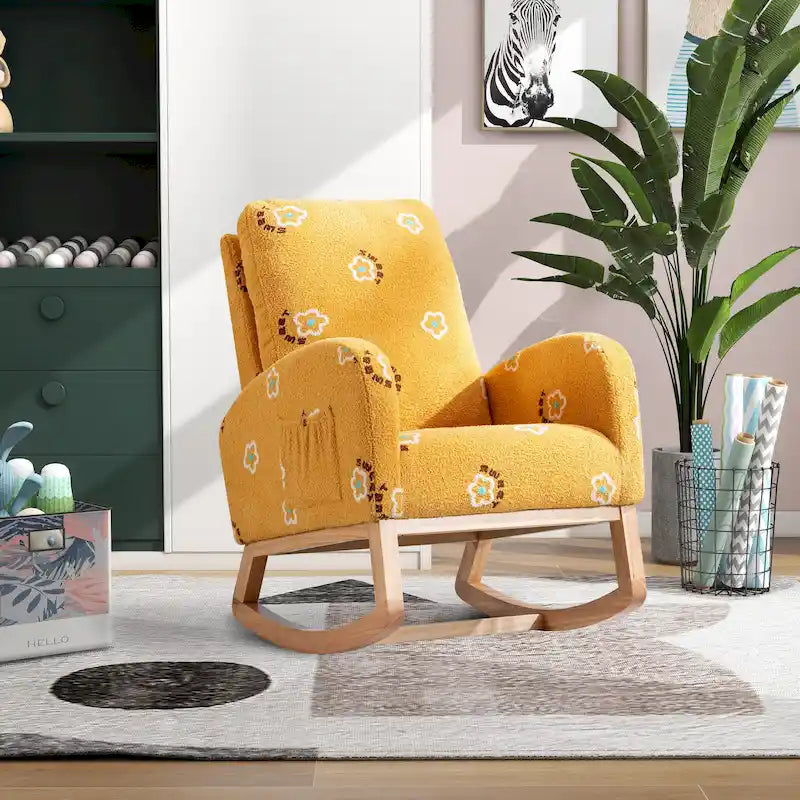 Modern Upholstered Rocker Armchair With Side Pocket, High Back Wooden Nursery Chair