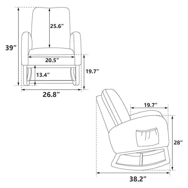 Modern Upholstered Rocker Armchair With Side Pocket, High Back Wooden Nursery Chair