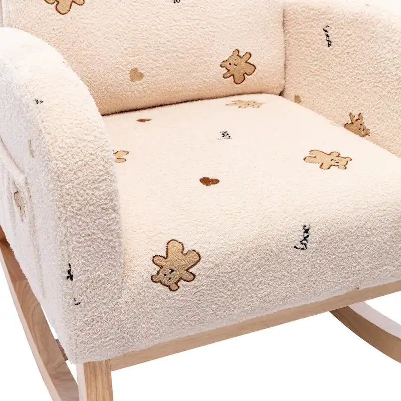 Modern Upholstered Rocker Armchair With Side Pocket, High Back Wooden Nursery Chair