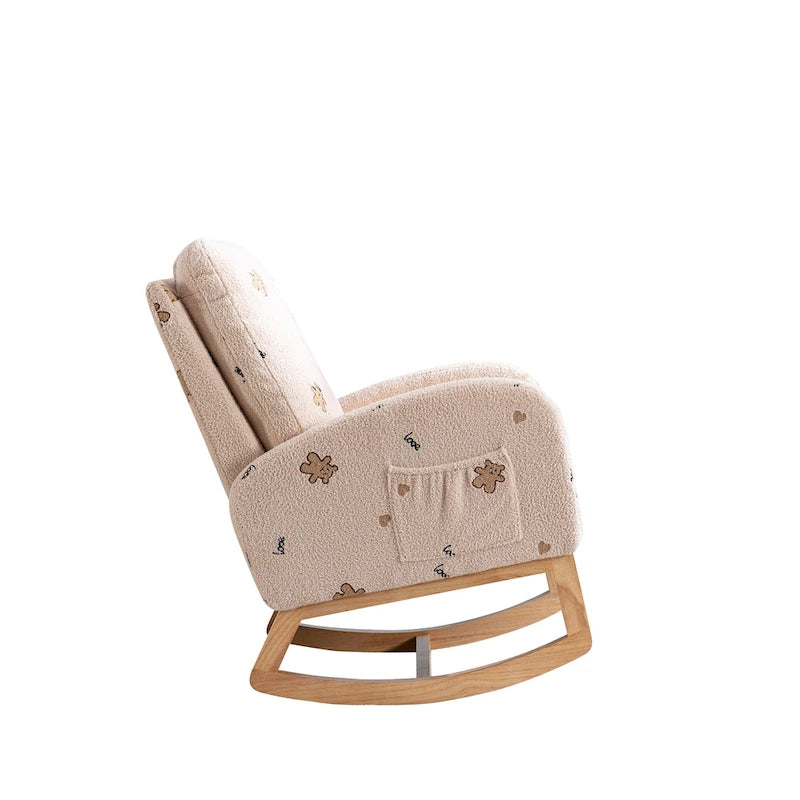 Modern Upholstered Rocker Armchair With Side Pocket, High Back Wooden Nursery Chair