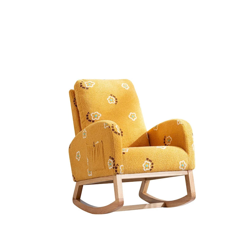 Modern Upholstered Rocker Armchair With Side Pocket, High Back Wooden Nursery Chair