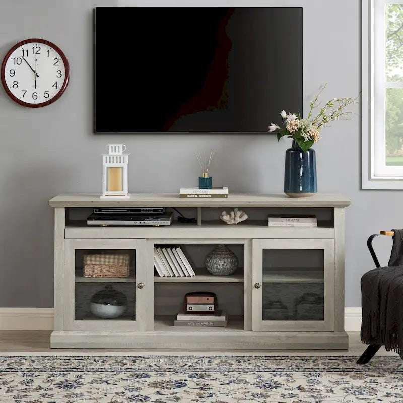 Meuble TV 60" Gris Pierre avec Passe-Câbles, Portes en Verre et Étagères Réglables pour TV Jusqu'à 65"