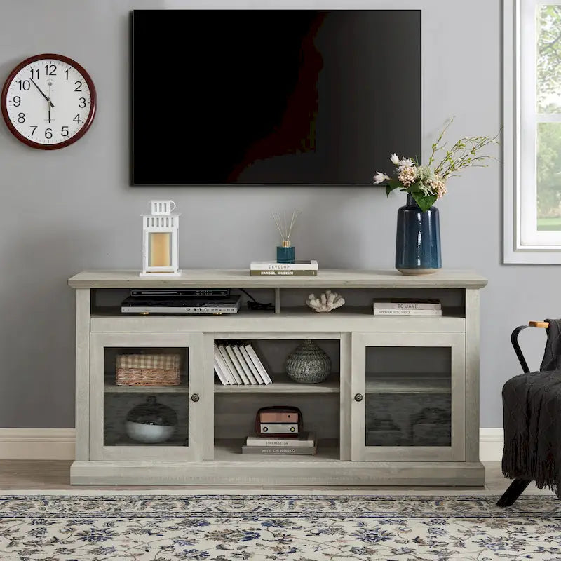 Stone Gray 60  TV Stand with Cable Management, Glass Doors, and Adjustable Shelves for TVs Up to 65 