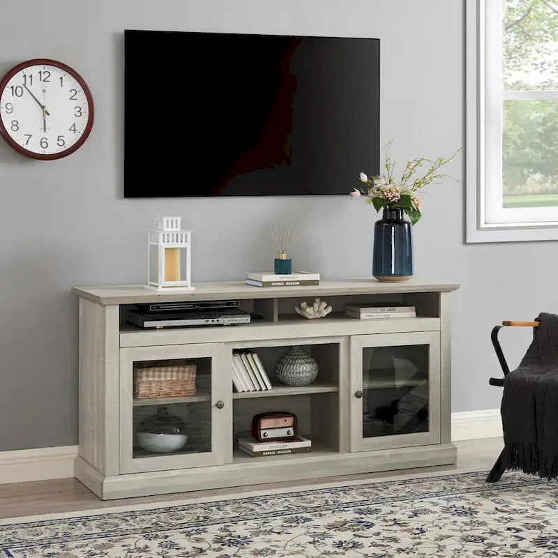 Meuble TV 60" Gris Pierre avec Passe-Câbles, Portes en Verre et Étagères Réglables pour TV Jusqu'à 65"