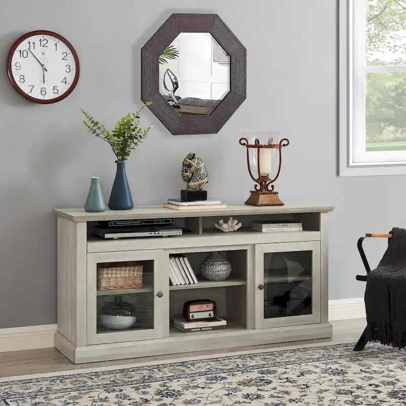 Stone Gray 60  TV Stand with Cable Management, Glass Doors, and Adjustable Shelves for TVs Up to 65