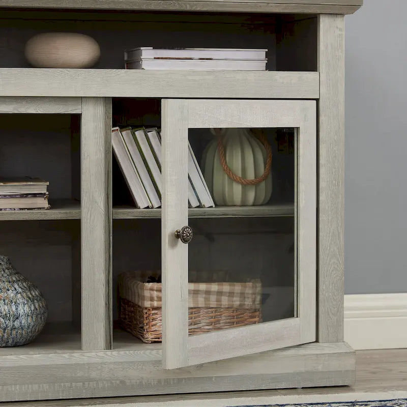 Meuble TV 60" Gris Pierre avec Passe-Câbles, Portes en Verre et Étagères Réglables pour TV Jusqu'à 65"